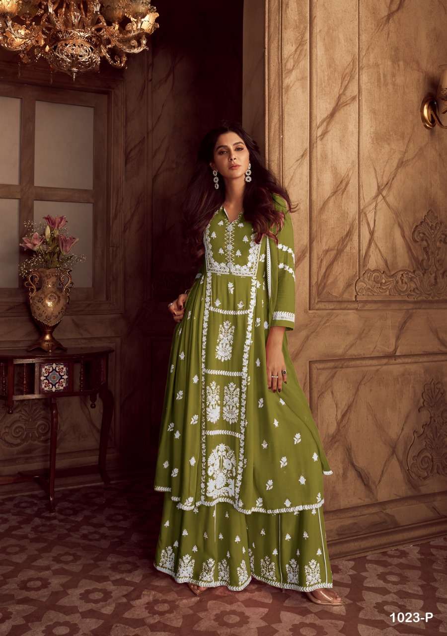 LAKHNAVI VOL 4 DARK LIST HEAVY RAYON LAKHNAWI WORK KURTI WITH PLAZZO AND DUPATTA BY S3FOREVER BRAND 1023 P